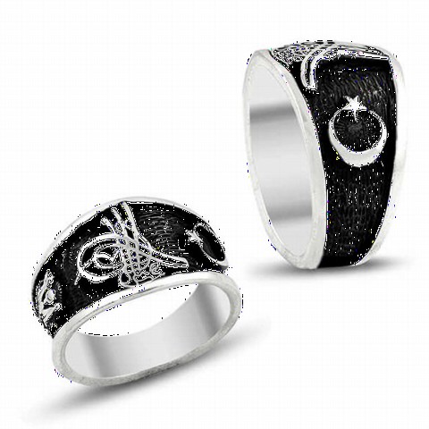 Tugra Motif Crescent and Star Symbol Ottoman State Armed Sterling Silver Men's Ring 100348436