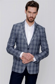 Outdoor - Men's Navy Blue Linen Woven Plaid Checkered Dynamic Fit Casual Fit 6 Drop Jacket 100350888 - Turkey