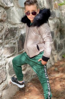Boy's New Inner Fur Coat and Beret Stripe Detailed Green Tracksuit 100328076