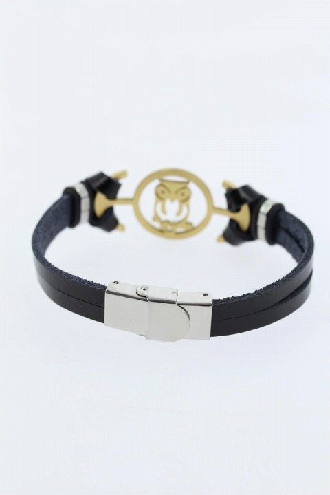 Men - Gold Color Owl Figured Black Color Leather Men's Bracelet With Metal Accessories 100318583 - Turkey