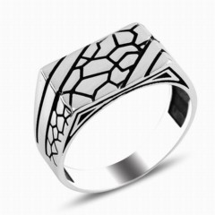Stone Pattern Embroidered Silver Ring 100346793