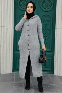 Cardigan - Grey Hijab Knitwear Cardigan 100345031 - Turkey