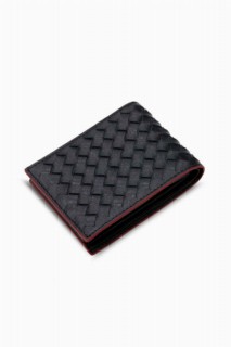 Wallet - 100345856. محفظة رجالية من الجلد الأسود المزخرف بحواف حمراء مزخرفة - Turkey