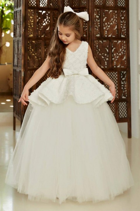 Evening Dress - Girl's V-Neck and Zero Sleeve Flower Embroidered White Evening Dress 100344647 - Turkey