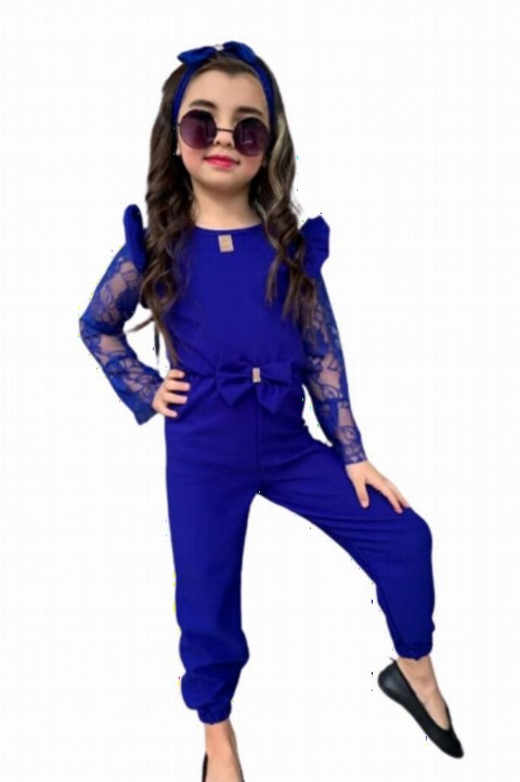 Girl Clothing - Girls' Sleeves Lace Transparent Detailed Front Bow Bandana Blue Jumpsuit 100328382 - Turkey