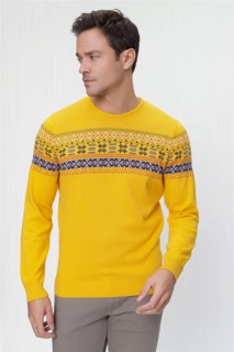 Zero Collar Knitwear - Men's Mustard Yellow Crew Neck Cotton Jacquard Knitwear Sweater 100345127 - Turkey