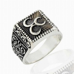 Moon Star Rings - Square Cut Three Crescent Patterned Sterling Silver Men's Ring 100348799 - Turkey
