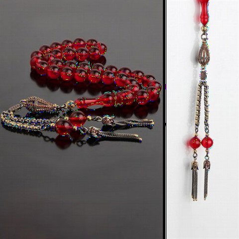 Rosary - Red Grained Silver Tasseled Amber Tasbih 100349528 - Turkey