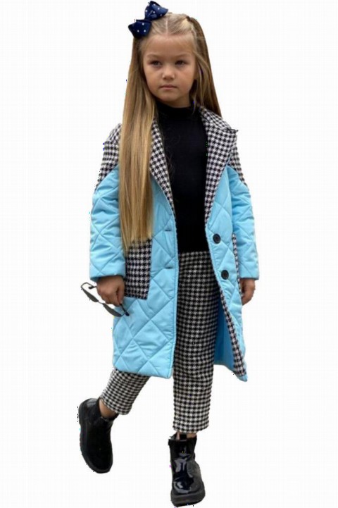 Girls - Girls' Three Piece Blue Bottom Top Set With Crowbar Pants and Quilted Coat 100327376 - Turkey