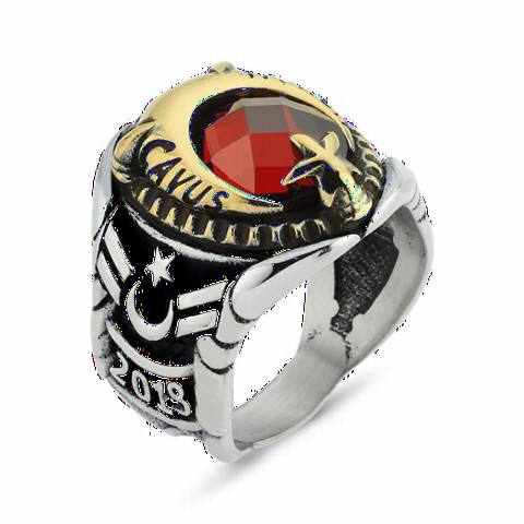 mix - Master Sergeant Ring Moon Star Patterned Sterling Silver Men's Ring Red 100348870 - Turkey