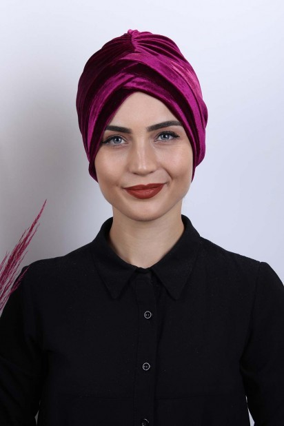 Woman Bonnet & Turban - کبودی گیلاس کلاه مخملی 3 راه راه - Turkey