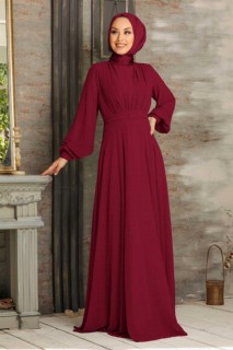 Wedding & Evening - Claret Red Hijab Evening Dress 100300477 - Turkey