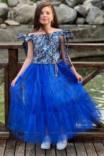 Girl Clothing - بدلة تنورة بناتي مطرزة بأكتاف منخفضة وأكمام مربوطة زرقاء 100328548 - Turkey