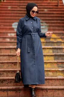 Coat - Blauer Hijab-Mantel 100339410 - Turkey