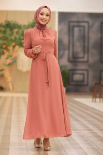 Woman Clothing - Dunkellachsrosa Hijab-Kleid 100336532 - Turkey