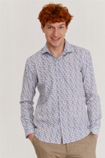 Men's White Cotton Slim Fit Slim Fit Jacquard Patterned Italian Collar Long Sleeve Shirt 100350609