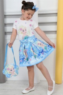 Girl Clothing - Girl Kid Snow Queen Printed Bag And Crown Blue Skirt Suit 100327235 - Turkey