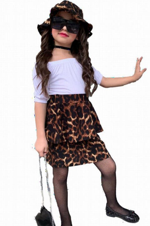 Outwear - Girl Boat Collar Blouse and Hat Leopard Skirt Suit 100327415 - Turkey