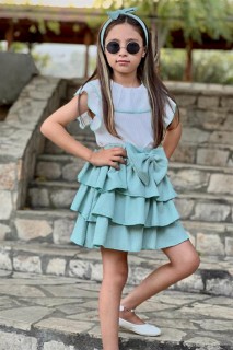 Girl Clothing - Girls Ruffle Collar Layered Front Bow Detailed Water Green Skirt Suit 100328532 - Turkey