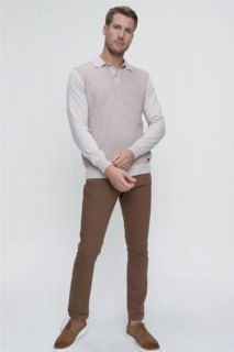 Men's Beige Polo Buttoned Collar Dynamic Fit Comfortable Cut Knit Pattern Knitwear Sweater 100345169