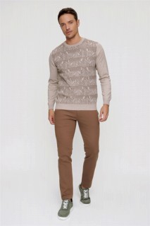 Men's Beige Cycling Crew Neck Dynamic Fit Comfortable Cut Patterned Knitwear Sweater 100345122
