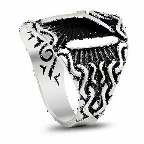 Special Black Background Kayi-Length Motif Moon and Star Silver Men's Ring 100348537