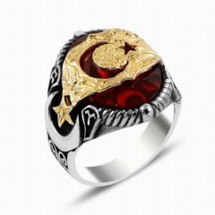 Moon Star Rings - Our Red Stone Crescent and Star Flag Model Embroidered Silver Men's Ring 100348182 - Turkey