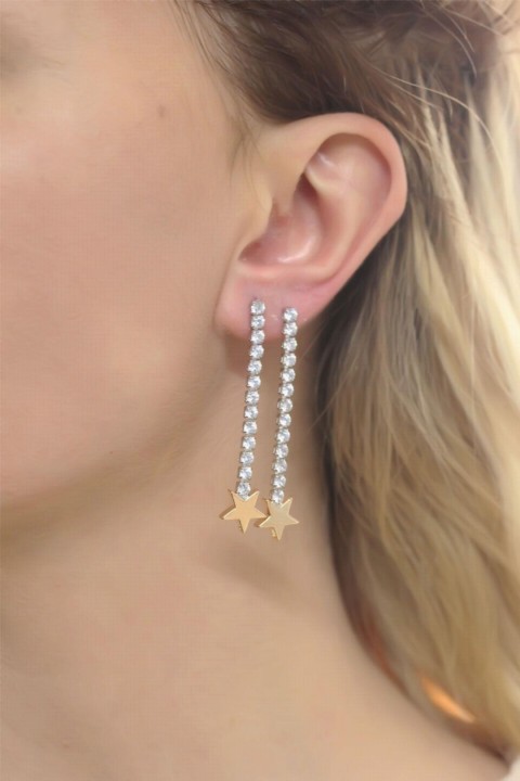 Earrings - Water Way Design Gold Minimal Star Detailed Double Earrings 100319542 - Turkey