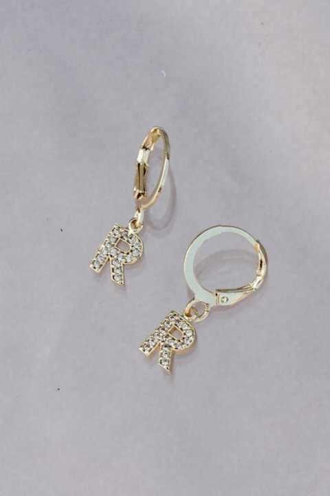 Gold Metal Zircon Stone R Letter Women's Earrings 100319040