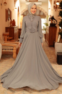 Woman - Smoke Color Hijab Evening Dress 100340715 - Turkey