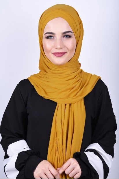 Ready to wear Hijab-Shawl - 3-Streifen-Schal aus gekämmter Baumwolle Senfgelb - Turkey