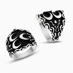 Moon Star Rings - Three Crescent Patterned Sport Patterned Sterling Silver Men's Ring 100348789 - Turkey