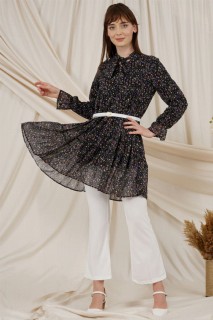 Women's Floral Patterned Belt Detailed Wide Cut Tunic 100326109