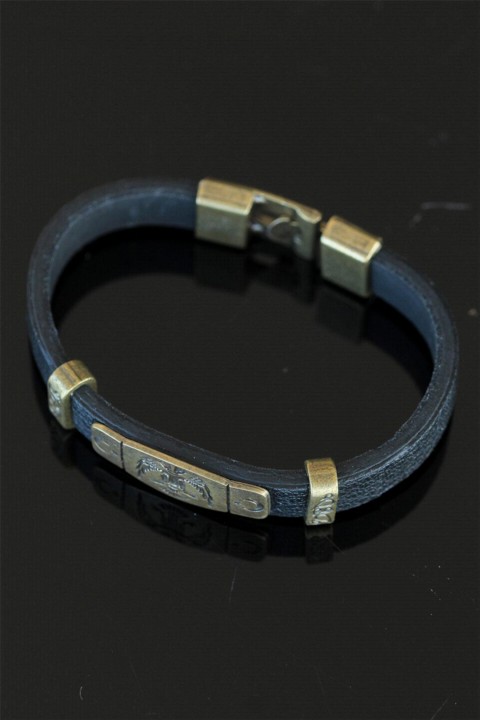 Tumbled Metal Seljuk Crest Navy Blue Leather Men's Bracelet 100327897