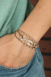 Bracelet - Cream Color Line Patterned Metal Hook Men's Bracelet 100318509 - Turkey