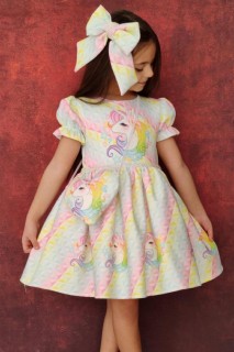 Girl Clothing - Girl's Waist Pearl Detailed Unicorn Pony Printed Bag And Buckle Colorful Fluffy Dress 100327361 - Turkey