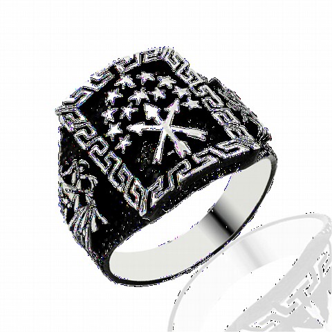 Others - Black Background Circassian Flag Patterned Silver Men's Ring 100349060 - Turkey