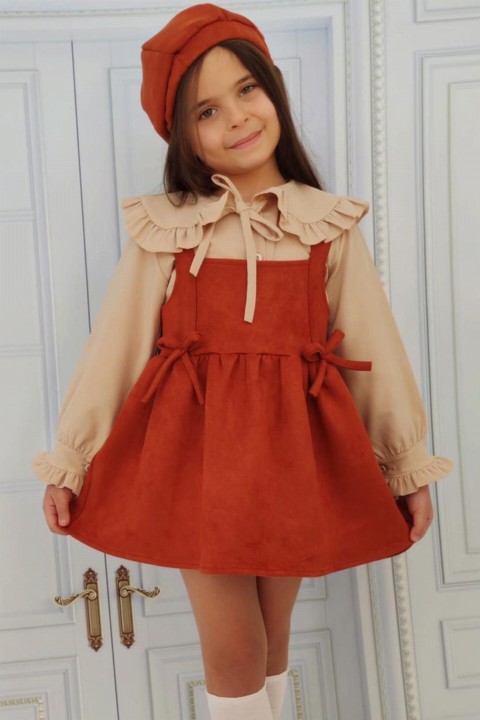 Girl Clothing - فستان بناتي بياقة وأكمام مكشكشة من الليكرا وقبعة وبلاط مخملي 100327399 - Turkey
