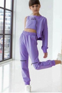 Girl Clothing - 3-teiliges lilafarbenes Trainingsanzug-Set mit christlichem Aufdruck und Reißverschluss für Mädchen 100344674 - Turkey