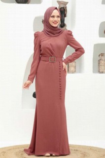 Dark Salmon Pink Hijab Evening Dress 100339313