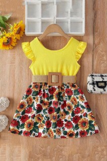 Outwear - Girls Ruffle Sleeve Floral Printed Yellow Skirt Suit 100328325 - Turkey