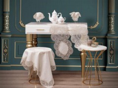 Living room Table Set - French Guipure Velvet Butterfly Wohnzimmer Set 5-teilig Creme Gold 100330850 - Turkey