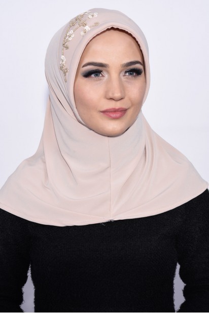 Evening Model - Praktischer Pailletten Hijab Beige - Turkey