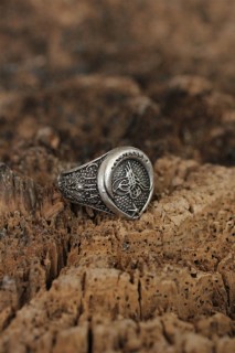 Silver Rings 925 - Adjusted Tugra Design Cihan Inscription Men's Ring 100319076 - Turkey