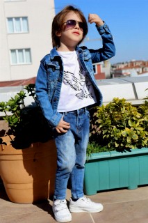 Boy Clothing - Boy's Eagle Printed Front Button Blue Denim Bottom Top Suit 100328315 - Turkey