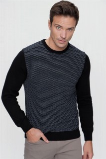 Zero Collar Knitwear - Men's Black Cycling Crew Neck Dynamic Fit Comfortable Cut Knit Pattern Knitwear Sweater 100345131 - Turkey