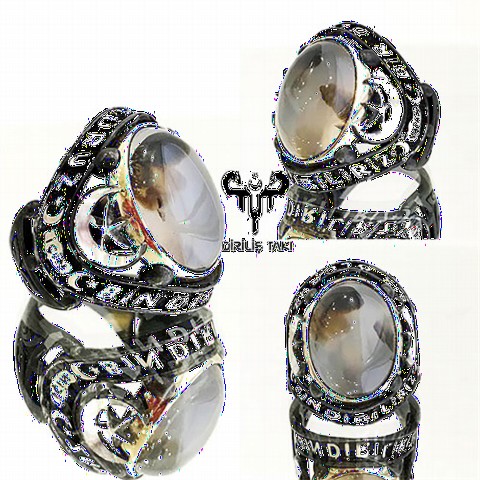 Agate Stone Rings - Yemen Agate Stone One Dies A Thousand Resurrection Men's Sterling Silver Ring 100349224 - Turkey