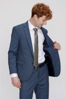 Men's Navy Blue Plaid Dynamic Fit Comfortable Cut 4 Drop Suit 100350625