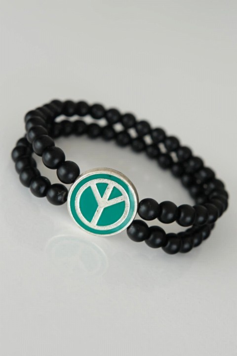 Others - Peace Figure Green Color Silver Metal Accessory Double Row Onyx Natural Stone Men's Bracelet 100318541 - Turkey