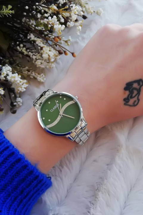 Silver Color Metal Band Green Color Zircon Stone Interior Design Clariss Brand Women's Wristwatch 100318822